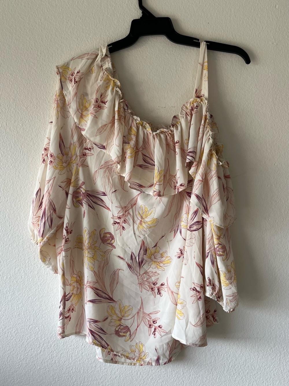 cooper & ella Cream Off-Shoulder Tunic with Yellow & Mauve Floral Print